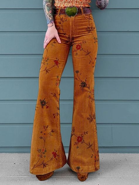 Women's Vintage Corduroy Flared Wide Leg Pants Hem Bootcut Jeans, 70s Inspired Outfits, 70s Inspired Fashion, 70s Outfits, Vintage Flower Prints, Estilo Hippie, Bootcut Pants, Vintage Floral Print, Look Vintage