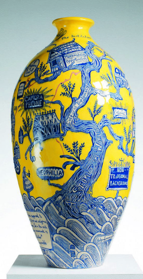 The Rosetta Vase, 2011 Grayson Perry, British School, China Art, Ceramic Vessel, Contemporary Ceramics, Ceramic Vases, Yellow And Blue, Ceramic Artists, Art Plastique