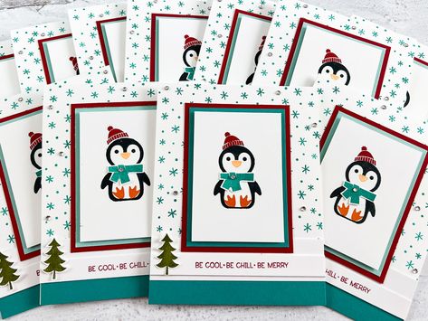 Mass Produce Cards To Save Time & Still Get Lots of Greeting Cards Made Stampin Up Penguin Place Christmas Cards, Heart Web, Penguin Christmas Cards, Penguin Cards, Penguin Card, Pop Up Christmas Cards, Handmade Christmas Cards, Penguin Party, Stamped Christmas Cards