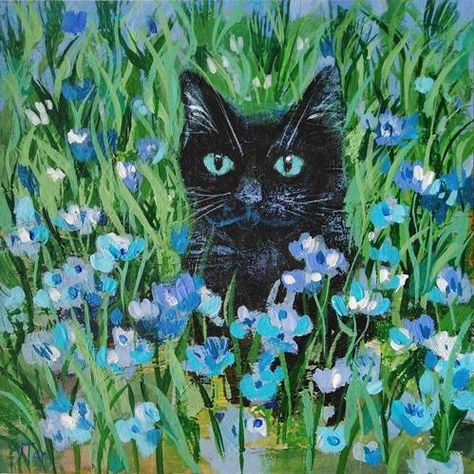 Blossom Acrylic Painting, Acrylic Painting Cat, Cat In Flowers, Glamping Party, Black Cat Art, Cat Art Print, Cat Wall Art, Arte Inspo, Arte Animal