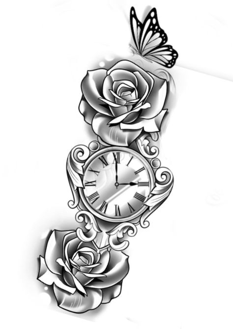 Clock Flowers Butterfly Tattoo, Sleeve Cover Up Tattoos For Women, Butterfly Clock Tattoo, Hard Tattoos For Women, Clock Tattoo Stencil, Upper Half Sleeve Tattoos, Clock And Rose Tattoo, Butterfly Clock, Rose Tattoo Stencil