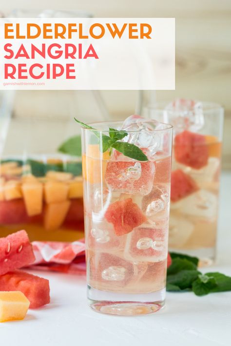 Summer cocktails cannot get any easier (or more delicious) than this simple Elderflower Sangria recipe! #elderflower #rose #sangria #cocktails #watermelon Elderflower Recipes Drinks, Elderflower Liquor Cocktails, Elderflower Sangria, Elderflower Drink, Courtney Williams, Batch Cocktail Recipes, Spicy Cocktails, Elderflower Recipes, Elderflower Cocktail