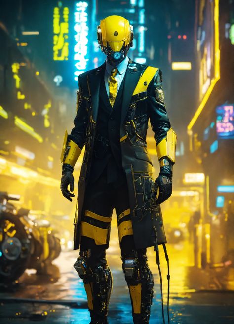 Lexica - Cyberpunk cyborg with yellow cybernetic parts. Mostly human and wearing a black fancy tuxedo suit. Cyberpunk Suit And Tie, Cybernetic Suit, Futuristic Pirate, Yellow Cyberpunk, Cyberpunk Suit, Fancy Tuxedo, Cyberpunk Cosplay, Comics Illustration, Riff Raff