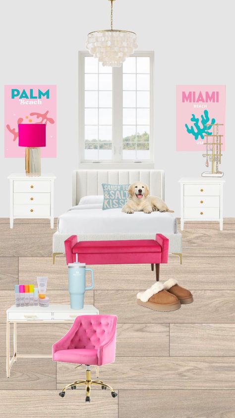 my dream room! Pink Room Design, Hot Pink Bedrooms, Light Blue Bedroom, Preppy Inspiration, Bedroom Pink, College Dorm Room Decor, Journal Idea, Dorm Room Inspiration, Woman Bedroom