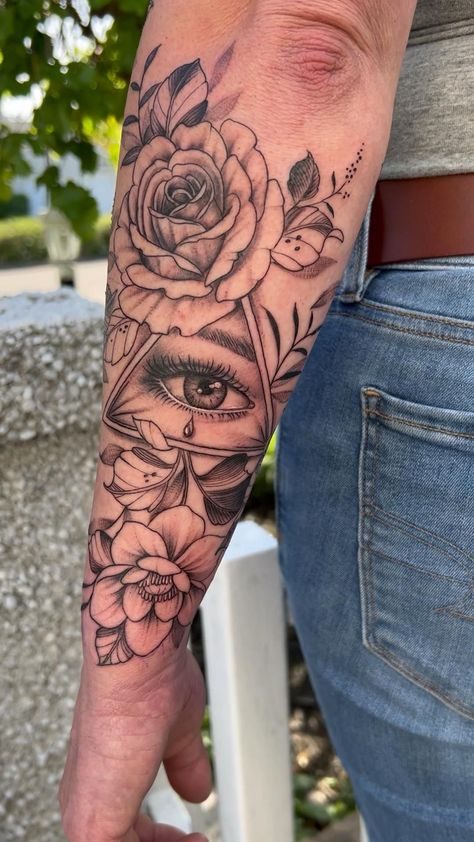 How To Fill In A Sleeve Tattoo, Womens Elbow Tattoo, Womens Lower Arm Sleeve Tattoo, Female Elbow Tattoo, Tattoo Filler Ideas For Women, Masculine Flower Tattoo, Mary Tattoos, Side Leg Tattoo, Butterfly Leg Tattoos