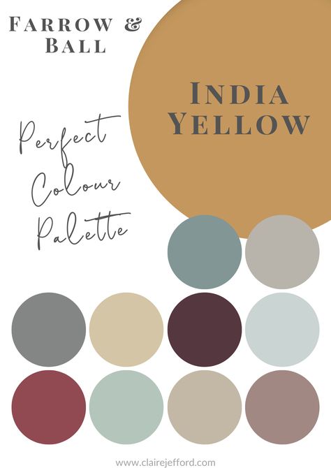 Select colour combinations that will work beautifully together with India Yellow by Farrow & Ball. Our Perfect Colour Palettes help you confidently select the best colour for your home, and then see which trim, ceiling, and accent colours pair well with your selected colour. Choose the perfect interior paint colours the first time, every time. Farrow And Ball India Yellow Living Room, Farrow And Ball Yellow Kitchen, India Yellow Colour Scheme, Farrow And Ball Colour Combinations, Farrow And Ball Colour Schemes 2023, Colour Palette Farrow And Ball, Farrow And Ball Indian Yellow, Indian Yellow Farrow And Ball, Farrow And Ball Paint Colour Palettes