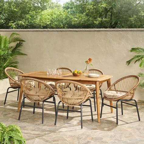 Nfusion Rectangular 6 - Person Outdoor Dining Set with Cushions & Reviews | Wayfair Building A Pergola, 7 Piece Dining Set, Beige Cushions, Diy Pergola, Noble House, Outdoor Wicker, Patio Dining Set, Wood Slats, Outdoor Dining Set