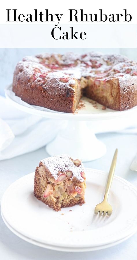 a white platter with rhubarb cake with one slice on a plate, half-eaten and a golden fork Gluten Free Rhubarb Recipes, Healthy Rhubarb Recipes, Breakfast Cake Healthy, Rhubarb Desserts Recipes, Rhubarb Cookies, Healthy Desserts For Kids, Rhubarb Desserts, Easy Gluten Free Desserts, Rhubarb Cake