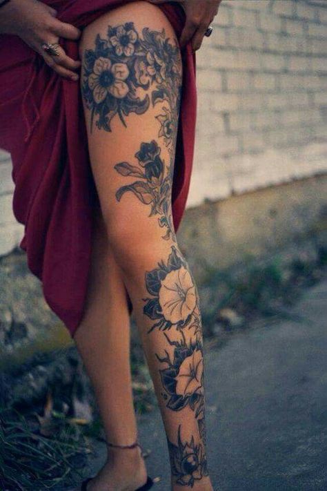 Tattoo Bein Frau, Front Thigh Tattoos, Leg Tattoos Women, Tattoo Girls, Leg Sleeve Tattoo, Full Sleeve Tattoos, Thigh Tattoos Women, Large Tattoos, Arm Tattoos