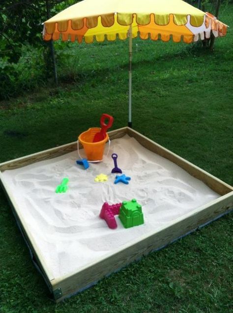 Cheap & Easy sandbox. Four, 1"x6" boards, four foot long. Braced at corners. Used gardening paper for bottom to keep out grass and weeds. Kitchen Organizing Ideas, Backyard Sandbox, Inexpensive Landscaping, Diy Ponds Backyard, Diy Sandbox, Kids Backyard Playground, Cheap Landscaping Ideas, Backyard Birthday, Diy Playground