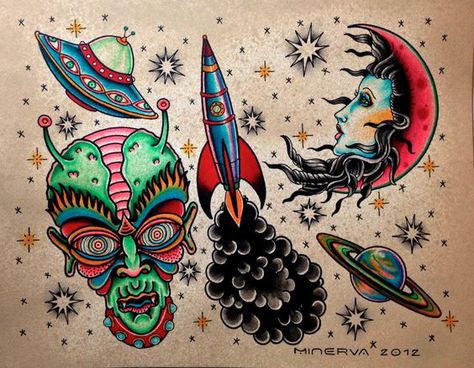 traditional alien tattoo flash - Google Search | tattoo ideas ... Ufo Tattoo, Traditional Style Tattoo, Alien Tattoo, Geniale Tattoos, Art Traditional, Tatuaje A Color, Traditional Tattoo Art, Space Tattoo, Traditional Tattoo Flash