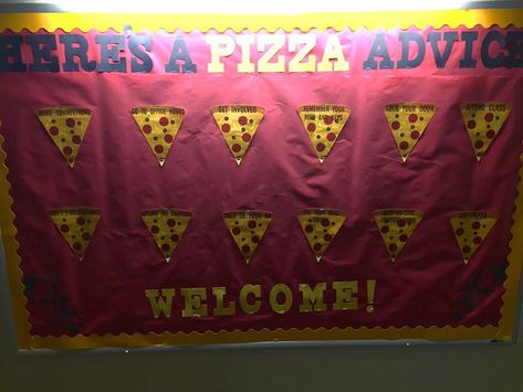 Pizza Bulletin Board, Pizza Bulletin Board Ideas, Cafeteria Bulletin Boards, Bulletin Board Decoration, School Pizza, Bullentin Boards, Ra Bulletins, Ra Boards, Ra Bulletin Boards