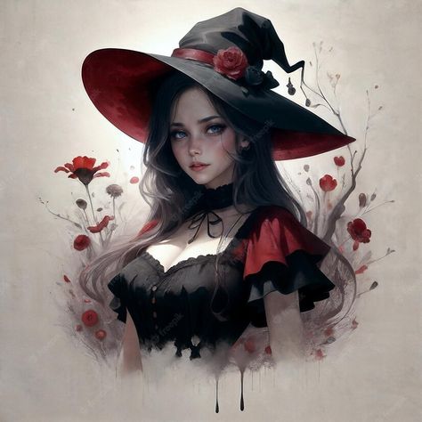 Witch Hat Art Reference, Black And Red Witch Aesthetic, Witch Hat Reference, Witch Hat Drawing Reference, Fantasy Witch Hat, Big Witch Hat, Black Witch Art, Beautiful Witch Art, Red Witch Hat