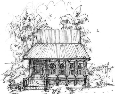 Ever seen a traditional malay house before? I miss those all good days cycling around the old 'kampung' neighbourhood, kids running around... Malay House, Kindergarten Art Lessons, Cambodian Art, Koi Art, Architect Drawing, House Sketch, Album Art Design, House Illustration, Architectural Sketch