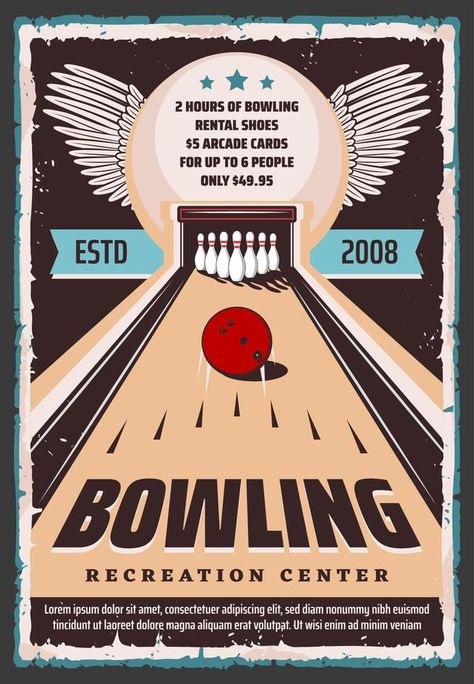 Bowling recreation center, shoes and lane rental Bowling Poster, Entertainment Illustration, Bowling Lane, Club Games, Bowling Center, Poster Sport, Irish Houses, Grunge Posters, Clay Bead Necklace