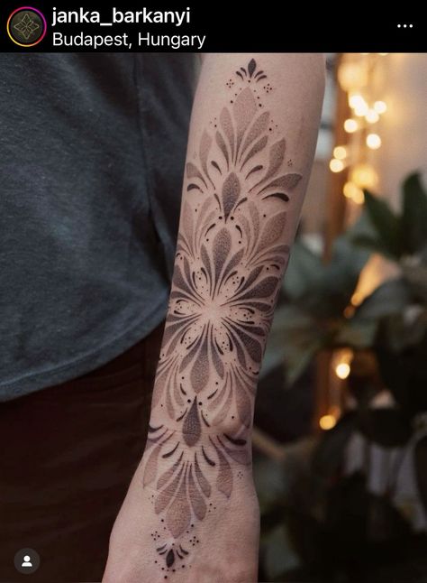 Circular Shoulder Tattoos For Women, Mandala Lily Tattoo, Celestial Mandala Tattoo, Geometric Ornamental Tattoo, Fine Line Flower Sleeve, Around The Elbow Tattoos For Women, Arm Mandala Tattoos For Women, Spirituality Tattoos For Women, Ornamental Elbow Tattoo