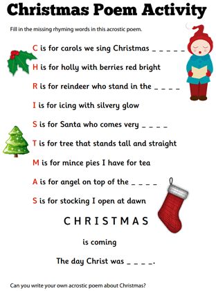 Free Christmas Poem activity Christmas Rhymes For Kids, Short Christmas Poems For Kids, Christmas Acrostic, Christmas Acrostic Poems For Kids, Christmas Acrostic Poem, Christmas Crosswords, Acrostic Poem For Kids, Kids Learning Charts, Poem Activities