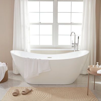 Come home and relax in your luxurious freestanding bathtub. From the serenity, collection emerges the ergonomic pure-scape freestanding bathtub. Its design is as comfortable as it is stylish. The contemporary design and defined lines will complement any bathroom decor and make the room seem more spacious. The pure-scape stand alone tub is ergonomically engineered and will comfortably hold your body, so you can soak in peaceful tranquility. 100% white glossy acrylic (never any paint) reinforced w Slipper Tubs, Stand Alone Tub, Vanity Art, Baths Interior, Freestanding Bathtub, Acrylic Bathtub, Inside Design, Soaking Bathtubs, Bath Tub