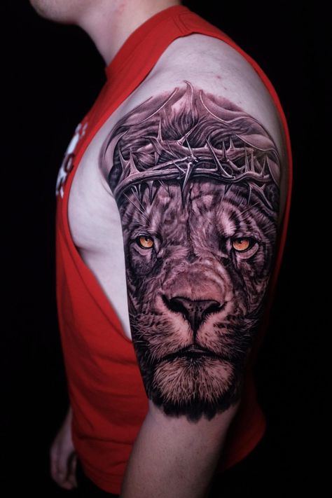 Lion of thorns by Daniil Naraev at Truth and Triumph. Dayton Ohio Lion Crown Of Thorns Tattoo, Lion Tattoo Crown, Lion With Crown Of Thorns, Crown Of Thorns Tattoo Design, Thorns Tattoo Design, Crown Of Thorns Tattoo, Holy Tattoos, Thorns Tattoo, Tattoo Mistakes