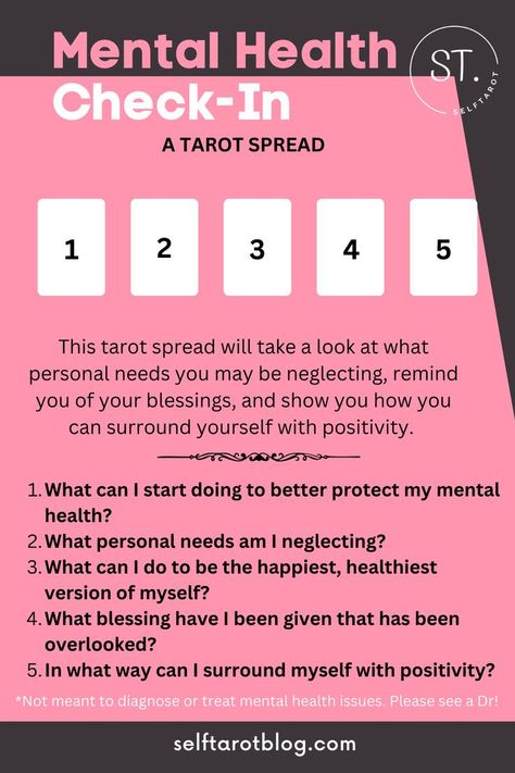 Everyone needs to protect their mental health and the best way to do that is to stay mindful of when it needs a check in. THIS TAROT SPREAD ANSWERS THE FOLLOWING QUESTIONS: 🔮What can I start doing to better protect my mental health? 🔮What personal needs am I neglecting? 🔮What can I do to be the happiest, healthiest version of myself? 🔮What blessing have I been given that has been overlooked? 🔮In what way can I surround myself with positivity? FOLLOW ME ON IG: @selftarot Health Tarot Spread, Health Tarot, Tarot Card Layouts, Protect Your Mental Health, Tarot Reading Spreads, Tarot Interpretation, Tarot Cards For Beginners, Mental Healing, Learning Tarot Cards