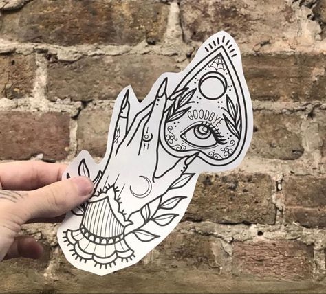 Ouija Planchette Tattoo Simple, Ouija Tattoo, Traditional Tattoo Outline, Traditional Hand Tattoo, Old School Traditional, Nature Tattoo Sleeve, Traditional Tattoo Sleeve, Flash Tattoo Designs, Creepy Tattoos