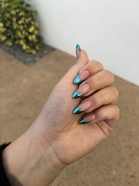 Blue Chrome French Tip Nails, Chrome French Tips, Chrome French, Teal Nails, Hello Nails, Drip Nails, Goth Nails, Blue French, Soft Nails