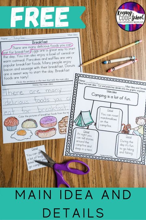 This fun and FREE main idea download makes lesson planning a breeze! Kids love these printable activities. They are great for Kindergarten, 1st grade, or 2nd grade. Use them in centers, for independent work, small group skills, and more. Students practice identifying the main idea and details in simple texts. (Kinder, first graders, Year 1) #MainIdea #KindergartenReading Main Idea And Details Activities, Main Idea Kindergarten, Main Idea Lessons, Main Idea Activities, Summarizing Activities, Main Idea And Supporting Details, 2nd Grade Books, Main Idea And Details, Main Idea Worksheet