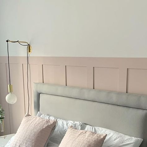 Steph on Instagram: "Behold - the bedroom of dusky pink dreams. I literally cannot believe the difference the panelling has made to our bedroom. And this room NEEDED something bold! It was so plain and felt empty beforehand, not the way a master bedroom should feel. This little project took barely no time at all, and in all cost us around £55, so I’m overjoyed that we decided to go DIY with it (see DIY Panelling highlight for some progress snaps). Is it bedtime yet? 😍 • #newbuildpanelling #diyp Plain Wall Makeover, Blush Pink Panelling Bedroom, Blush Pink Panelling, Dusty Pink Panelling Bedroom, Dusty Pink Wall Panelling, Pink Panelled Bedroom, Bedroom Panelling Pink, Girls Bedroom Ideas Panelling, Dusky Pink Panelling