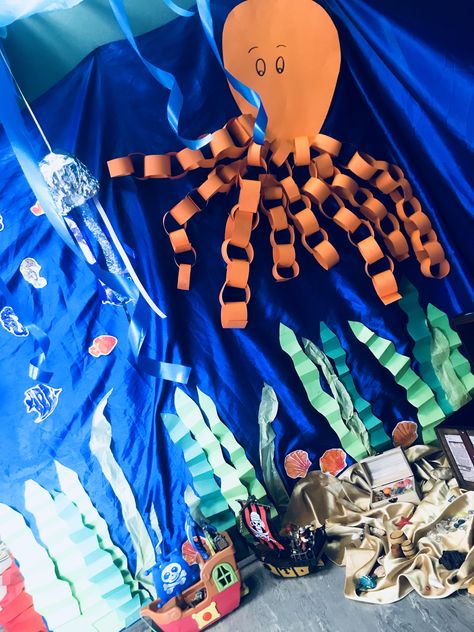 Under the sea role play area Under The Sea Role Play Eyfs, Ocean Role Play Area, Under The Sea Role Play Area, Under The Sea Dramatic Play, Under The Sea Role Play, Under The Sea Eyfs, Role Play Ideas, Playgroup Ideas, Ocean Classroom