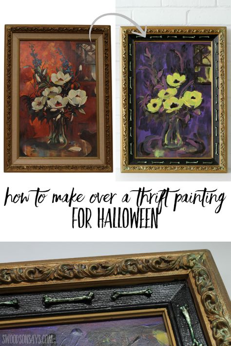 See how to make a boring thrift store painting spooky with this fun Halloween upcycle craft! Adding things to thrift store art is a fun, cheap way to get creative and experiment. #thrifting #upcycle #halloween Making Paintings Spooky, Repaint Thrift Store Art, Thrift Painting Makeover, Thrifted Halloween Art, Goodwill Painting Upcycle Halloween, Goodwill Halloween Painting, Altered Thrift Store Paintings, Thrift Store Halloween Decorations, Upcycled Thrift Store Art