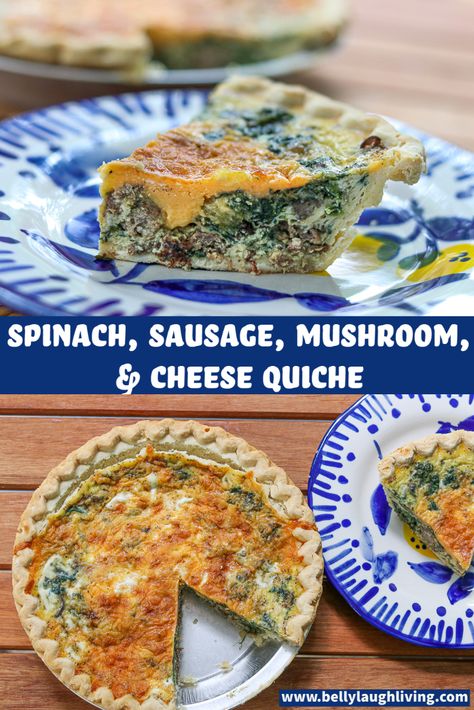 Easy Quiche with sausage, spinach (or kale), mushrooms and Cheese. The perfect dish for Sunday Brunch. Also, quiche makes great leftovers for a quick weekday breakfast #recipe #brunch #breakfast #quiche #cheese #weekend Quiche With Sausage, Quiche Cheese, Quiche With Spinach, Sausage Quiche Recipes, Mushroom And Cheese, Spinach Sausage, Mushroom Cheese, Sausage Mushroom, Sausage Quiche