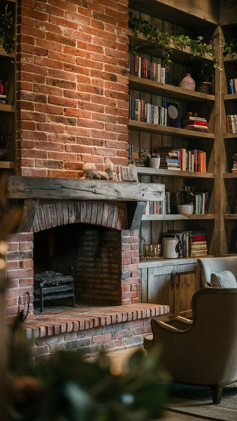 29+ Painted Brick Fireplaces That Add Classic Farmhouse Coziness - My Modern Cave Brick Fireplace With Seating Ledge, Brick And Wood Fireplace, Wide Brick Fireplace, Fireplace Brick Wall, Farmhouse Brick Fireplace, Red Brick Fireplace Makeover, Fireplace With Built Ins On Both Sides, Antique Brick Fireplace, Faux Brick Fireplace