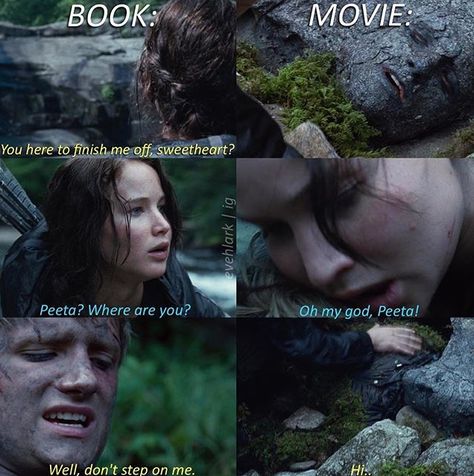 | The Hunger Games: the book vs. the movie | Quotes Hunger Games, Book Vs Movie, Hunger Games Jokes, Books Vs Movies, Hunger Games Fan Art, Games Quotes, Divergent Hunger Games, Hunger Games Peeta, The Hunger Games Book