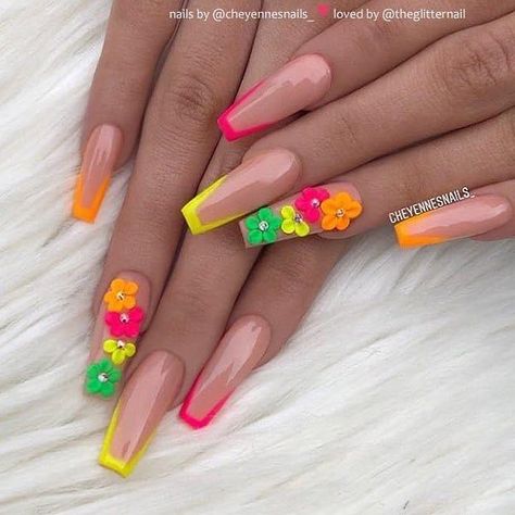 Long Coffin Nails, Neon Nail Designs, 3d Flower Nails, Colorful Nails, Nail Art Ombre, Coffin Nails Long, Summer Acrylic Nails, Uñas Acrilicas, Neon Nails