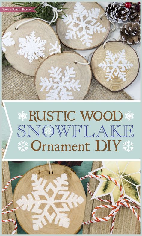 Rustic Wood Snowflake Ornament DIY - By Press Print Party! Easy to make these snowflake ornaments make fantastic neighbors gifts, gift tags or hostess gifts. Christmas ornament DIY, Holiday crafts, Christmas Craft, Kids craft, Christmas tree ornament #christmasornament Reggio Christmas, Kids Craft Christmas, Snowflake Wood Burning, Christmas Craft Kids, Hostess Gifts Christmas, Wood Burned Snowflakes, Wood Snowflake Ornaments Diy, Christmas Crystals, Scrap Wood Snowflake