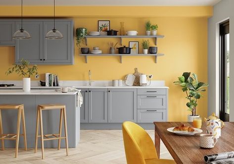 Wall in Banana Split by Dulux Kitchen Feature Wall, Denim Drift, One Coat Paint, Dulux Paint Colours, Green Kitchen Walls, Dulux Paint, Yellow Kitchen, Kitchen Color, Kitchen Paint