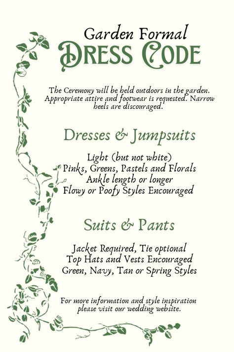 Garden Formal Dress Code Invitation Card Garden Wedding Dress Code, Garden Formal Dress, Dress Code Invitation, Garden Party Dress Code, Garden Theme Birthday, Garden Formal, Party Dress Codes, Formal Wedding Attire, Bohemia Dress