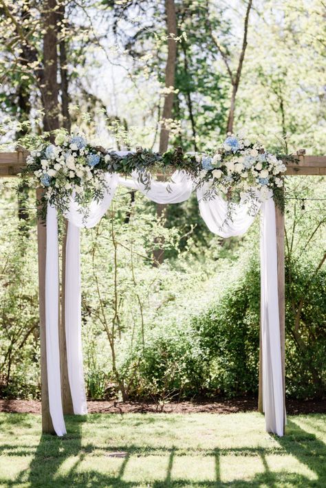 Ceremony Arbor Ideas, Wedding Arch Ideas Blue And White, Dusty Blue Wedding Arbor Flowers, Dusty Blue Arch Flowers, Dusty Blue Floral Arch, Wedding Arch Navy Blue, Dusty Blue Wedding Arch Ideas, Dusty Blue Wedding Flower Arch, Dusty Blue Arbor Flowers