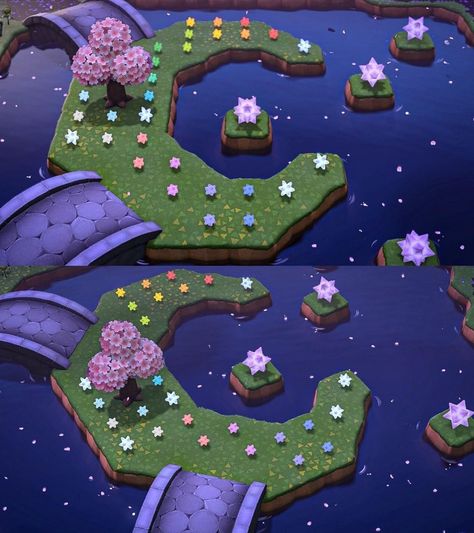 Pond Animal Crossing, Acnh Celestial Design, Pond Acnh, Acnh Celestial, Acnh Map Ideas, Acnh Rooms, Animal Crossing Aesthetic, Acnh Design Ideas, Pond Animals