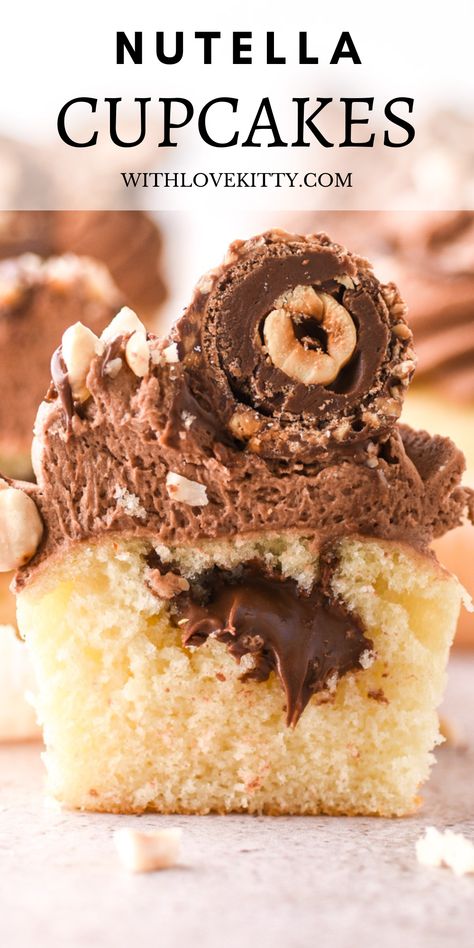 Hazelnut Cupcakes, Kitty Recipes, Perfect Cupcake Recipe, Homemade Cupcake Recipes, Nutella Frosting, Nutella Buttercream, Nutella Cupcakes, Cupcakes Filled