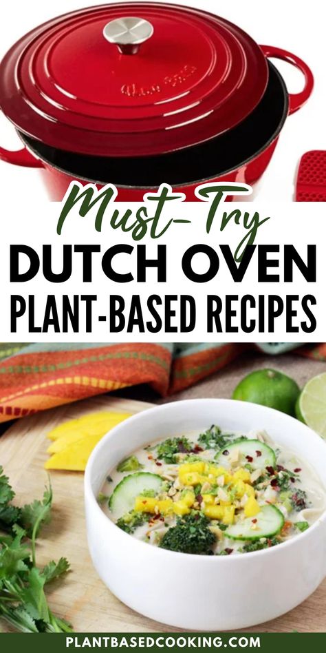 Master the art of Dutch oven cooking with these delicious plant-based recipes! From a vegan twist on Laksa to a unique one-pot pasta with a creamy cashew sauce, these recipes are proof that you can whip up nutritious and flavorful meals in no time. Each recipe is vegan-friendly and can easily be made gluten-free. Cook, savor, and enjoy the magic of Dutch oven recipes you can prep in under 20 minutes! Dutch Oven Vegan Recipes, Vegan Cast Iron Recipes, Dutch Oven Vegetarian Recipes, Dutch Oven Recipes Vegetarian, Gluten Free Dutch Oven Recipes, Vegan Dutch Oven Recipes, Vegetarian Dutch Oven Recipes, Vegan Dutch Oven, Vegetarian Dutch Oven