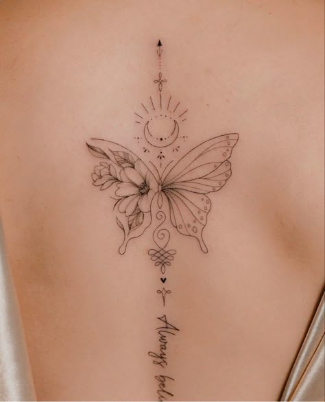 Spine Tattoo With Butterflies, Spine Tattoo Butterfly, Butterfly Back Tattoo Spine, Butterfly Spine Tattoo, Mutterschaft Tattoos, Tattoo Ideas Inspiration, Flower Spine Tattoos, Spine Tattoo Ideas, Unique Butterfly Tattoos