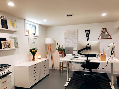 Ikea Basement Office, Ikea Furniture Office, Ikea Corner Desk Hack Home Offices, Office Corner In Basement, Ikea Office Setup, Ikea Office Desks, Bright Basement Office, Basement Office Guest Room Combo, Basement Office And Guest Room