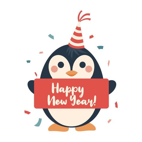 Penguin cartoon illustration with happy new year sign. Christmas character. Winter 2023 New Years Cartoon, Happy New Year Cute Cartoon, Happy New Year Cartoon, Happy New Year Sign, New Year Sign, Happy New Year Signs, New Year Cartoon, Happy Penguin, Penguin Cartoon