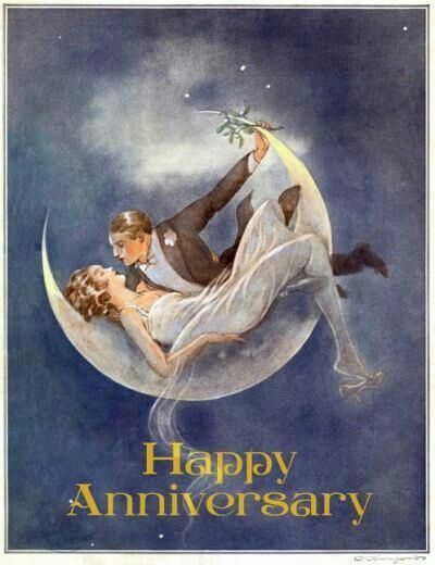 1920s couple in crescent moon - anniversary card sold by Barnes & Noble. 1920s Couple, Anniversary Postcard, Happy Anniversary Quotes, You Are My Moon, Happy Anniversary Wishes, Wedding Anniversary Wishes, Happy Anniversary Cards, Anniversary Greeting Cards, Moon Wedding