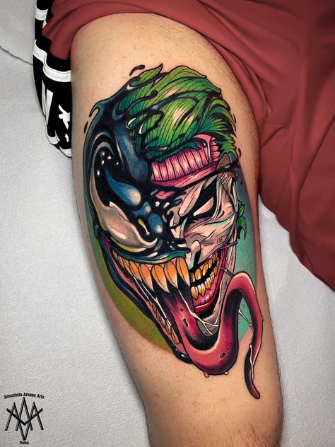 Villain Tattoo Ideas, Joker Tattoo Ideas For Men, Villain Tattoo, Batman Joker Tattoo, Marvel Tattoo Sleeve, Joker Comics, Drawing Monsters, Venom Tattoo, Batman Villain