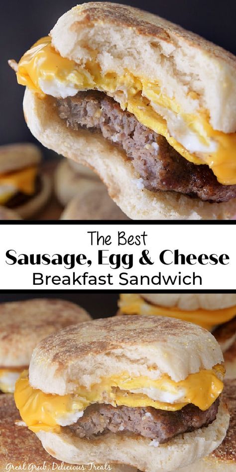 Homemade Breakfast Sandwiches are a delicious breakfast recipe, made with homemade English muffins, sausage patties, fried eggs, and a slice of cheese. A double photo collage of breakfast sandwiches where you can see the English muffin, sausage patty, egg, and melted sliced cheese. Egg And Sausage English Muffins, Homemade Sausage Egg And Cheese Biscuit, Sausage Egg And Cheese English Muffins Freezer, Diy Sausage Egg Mcmuffin, Sausage Egg Cheese Sandwich, English Muffin Sausage And Cheese, Egg Sausage Biscuits, Sausage Biscuit Sandwich, Sausage Egg Cheese English Muffins