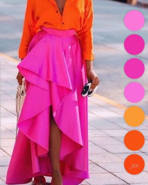 Fucsia Outfit Combination, Colour Combinations Fashion, Color Combos Outfit, Color Blocking Outfits, Color Combinations For Clothes, Bright Fashion, Gala Dresses, Pink Skirt, Looks Chic