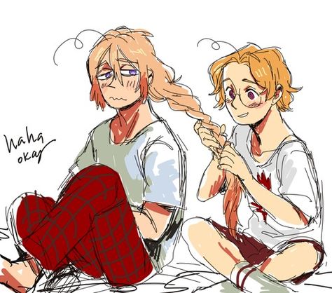 You have no idea how many hetalia characters I want to braid the hair of... Canada is now my spirit animal<<same here 2p Canada, 2p Hetalia, Red Velvet Pancakes, Hetalia Canada, Hetalia Funny, Canadian Boys, Hetalia Characters, Hetalia Ships, Hetalia Fanart