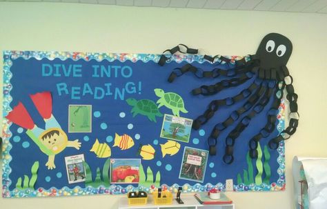 Dive into reading bulletin board Ocean Library Bulletin Board, Dive Into Reading Display, Dive Into A Good Book Bulletin Board, Dive Into Reading Bulletin Board, Reading Goals Bulletin Board, Literacy Bulletin Boards, Dive Into Reading, Ocean Bookmark, Ocean Reading